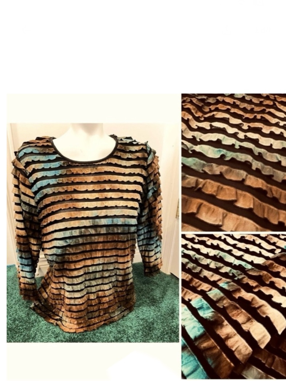 Vintage Textured Ribbon-Stripe Top • Teal & Brown • Four-Season Art-to-Wear